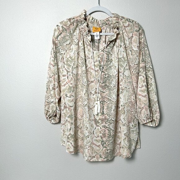 Ruby Rd Blouse Womens Size XL Gray Pink Snake Print Pullover Tassel 3/4 Sleeves - Picture 1 of 14